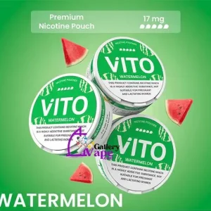 Vito Watermelon Nicotine Pouches can with white nicotine pouches on a clean background