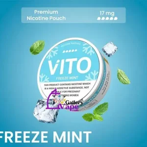 Slim white tobacco free Vito Freeze Mint nicotine pouches resting on an open tin
